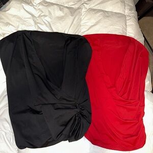 Halara V neck cap sleeve crossover rouched solid work blouse LOT OF 2 Red/black